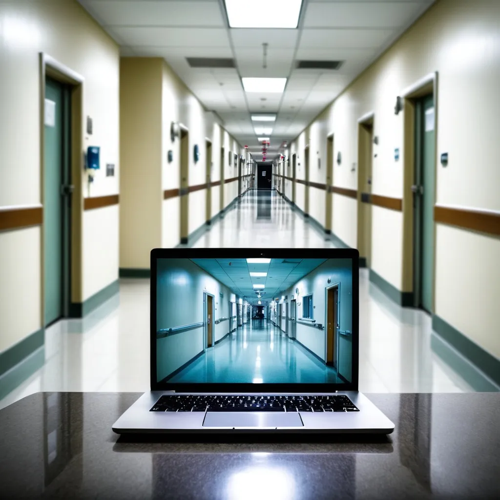 Prompt: horror, laptop shows same view as long hospital corridor