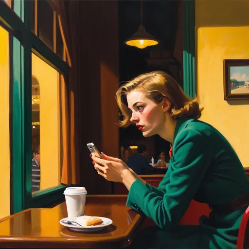 Prompt: Startled, bug-eyed but pleased female iphone user in a desolate cafe in the style of Edward Hopper