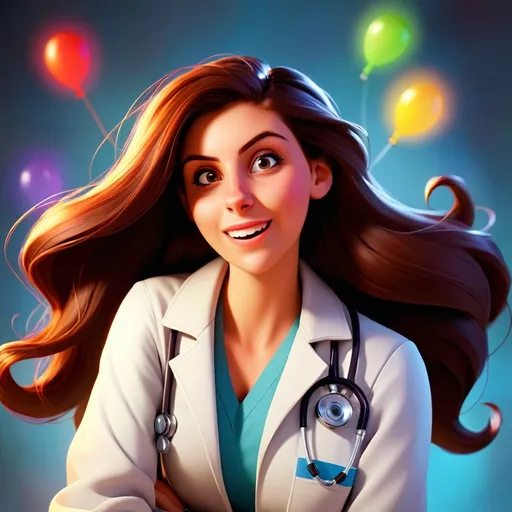 Prompt: Disney pixar style, doctor girl with long dark brown hair and a happy smile, vibrant colours.