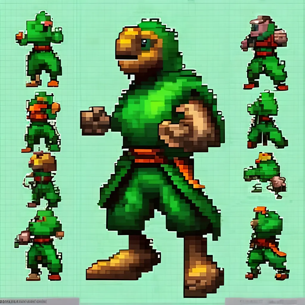 Prompt: Anthropomorphic green parrot fighting game character; 16bit style; 70 pixels tall; idle pose sprite sheet