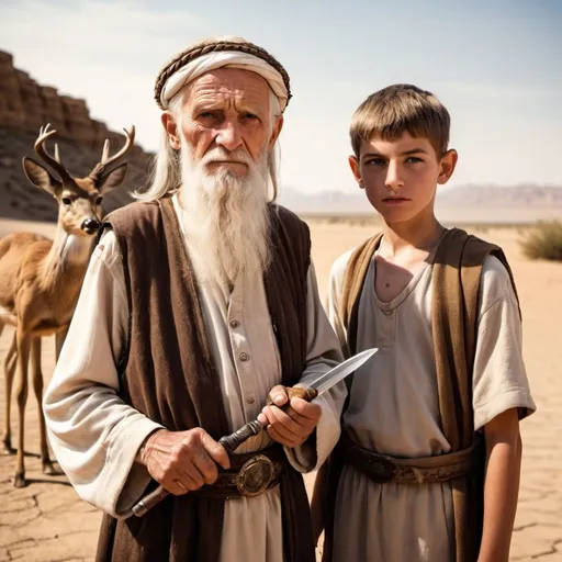 Prompt:  very old man wearing biblical clothes holding a knife in his hand next to his youth boy face. they stand in the desert. there is a deer in the background