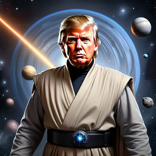 Prompt: photorealistic image of (Donald Trump as Luke Skywalker), sporting a bushy (beard), adorned in a stylish (grey outfit), striking a heroic pose against a (galactic background) filled with distant stars and planets, exuding an otherworldly feel, vibrant lighting highlighting his features, dramatic shadows enhancing depth, ultra-detailed, evoking an atmosphere of epic adventure and intrigue.