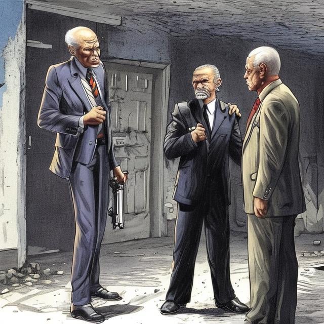 Prompt: The old man was killed by a pistol, his killer is a young man in a suit standing over the old man's head.
