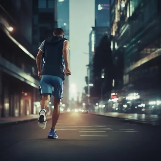 Prompt: early morning. An unknown man in sportswear is running on the streets of the city. From behind.