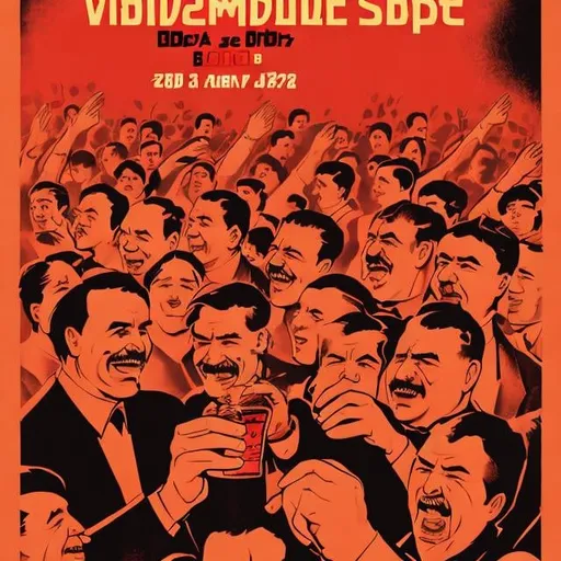 Prompt: Middle-aged communist men drink vodka at a crowded party and dance. 2d poster. 
