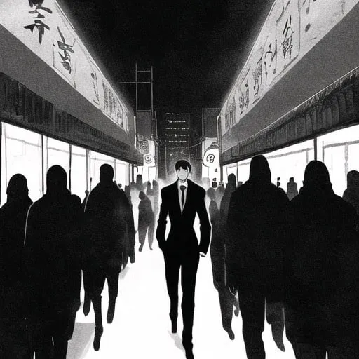 Prompt: A man walking alone in a crowded urban night scene, atmospheric lighting, urban noir style, detailed facial features, high quality, detailed facial features, urban noir, atmospheric lighting, crowded scene.