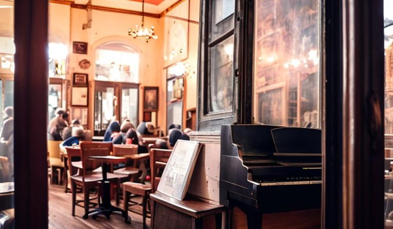 Prompt: Old piano in a café with many customers.
