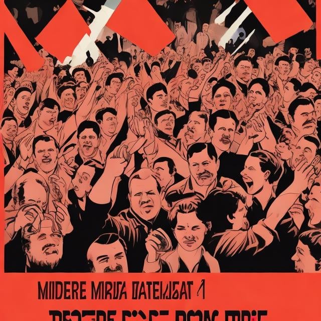 Prompt: Middle-aged communist men drink vodka at a crowded party and dance. 2d poster. 