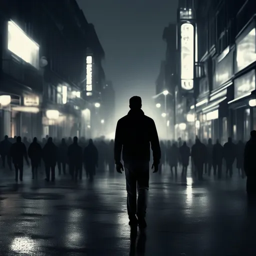 Prompt: A man walking alone in a crowded urban night scene, atmospheric lighting, urban noir style, detailed facial features, realistic 3D rendering, high quality, highres, detailed facial features, urban noir, atmospheric lighting, crowded scene, realistic rendering