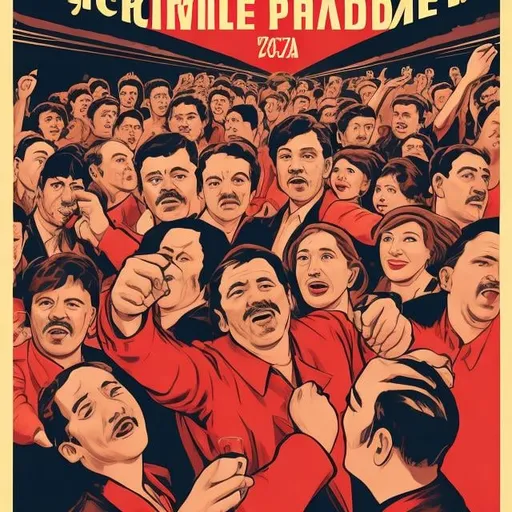 Prompt: Middle-aged communist men drink vodka at a crowded party and dance. 2d poster. 