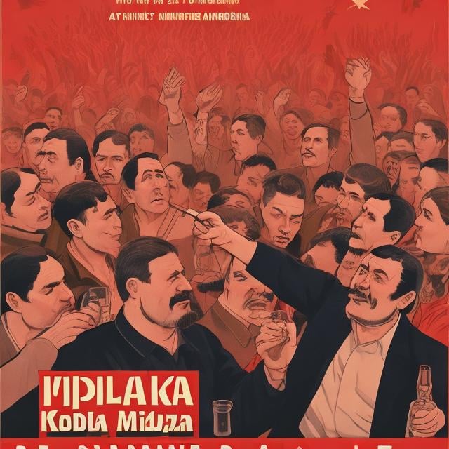 Prompt: Middle-aged communist men drink vodka at a crowded party and dance. 2d poster. 