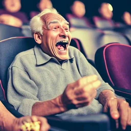 Prompt: An old man is excited while watching a movie in the cinema hall.