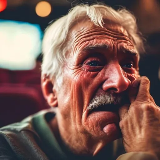 Prompt: An old man has tears in his eyes while watching a movie in a movie theater.