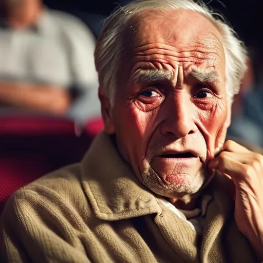Prompt: An old man has tears in his eyes while watching a movie in a movie theater.