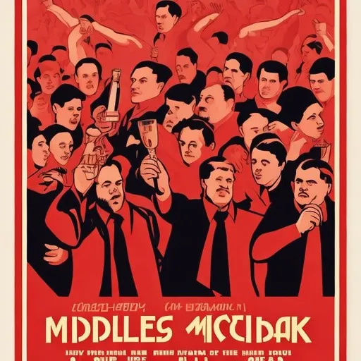 Prompt: Middle-aged communist men drink vodka at a crowded party and dance. 2d poster. 