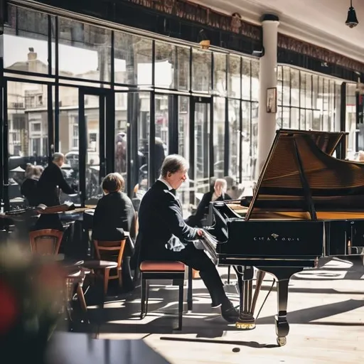 Prompt: A man in a suit is playing the piano in a busy cafe
