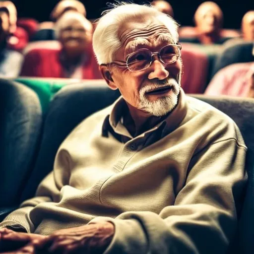 Prompt: An old man is watching a movie in the cinema hall, tears of joy have gathered in his eyes.