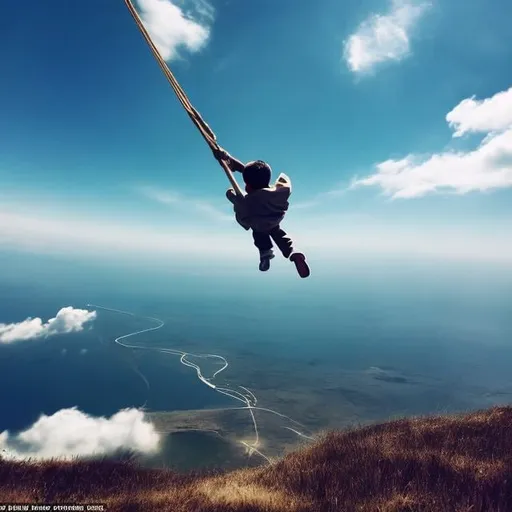 Prompt: The thrill of swinging on the wind wave
A still moment at the top, in the middle of the sky
Down there on the ground, a boy is waiting for his turn