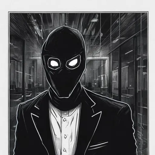 Prompt: I don't need it. a young man, crook and thieve in black suit with mask on his faces and smoked glass. 2D.