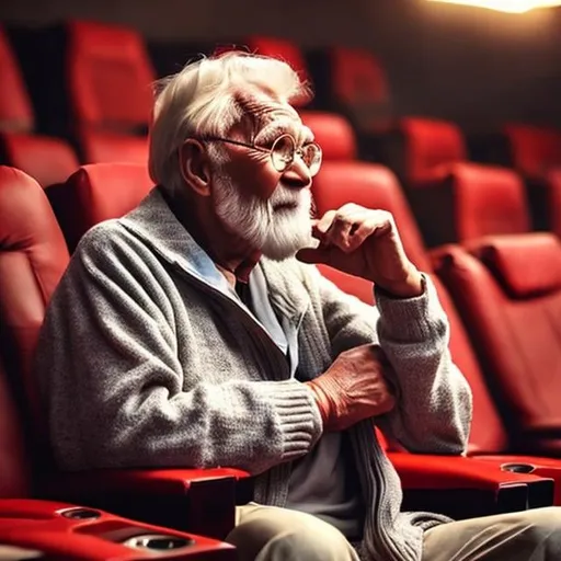 Prompt: An old man is watching a movie in the cinema hall, tears of joy have gathered in his eyes.