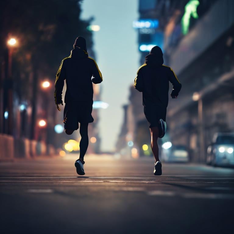 Prompt: early morning. An unknown man in sportswear is running alone on the streets of the city. From behind.