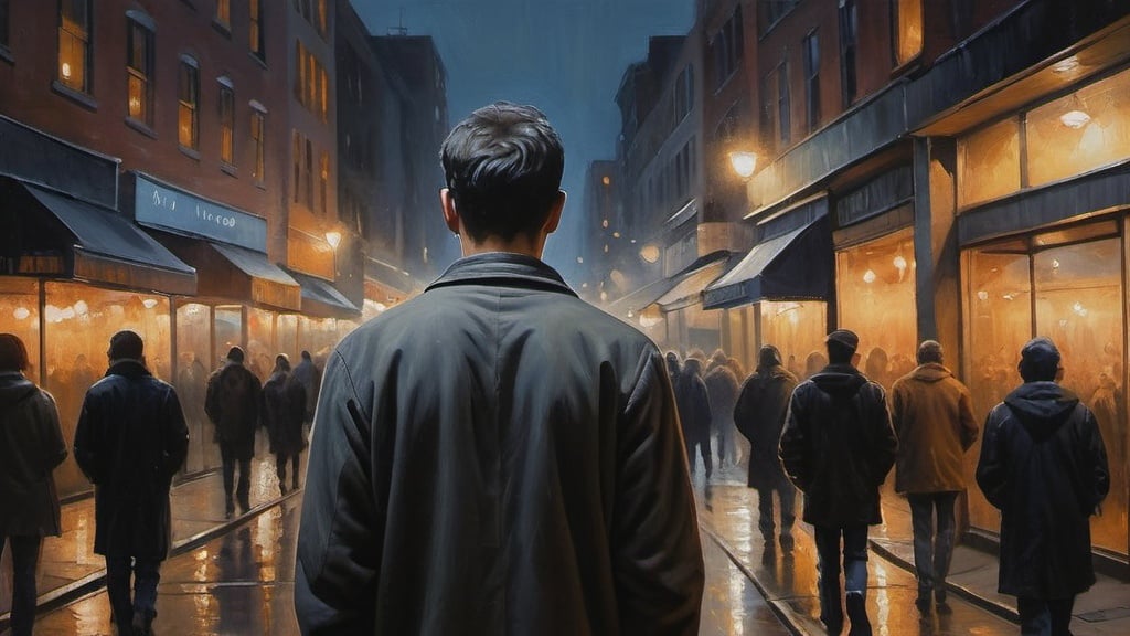 Prompt: Lonely man in a crowded night walk, realistic oil painting, bustling city scene, atmospheric lighting, solitary figure, detailed facial features, urban setting, high quality, detailed oil painting, realistic, night cityscape, crowded walk, solitary figure, atmospheric lighting