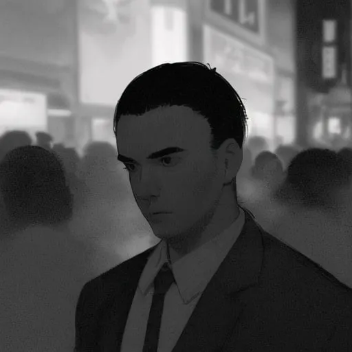 Prompt: A man walking alone in a crowded urban night scene, atmospheric lighting, urban noir style, detailed facial features, realistic 3D rendering, high quality, highres, detailed facial features, urban noir, atmospheric lighting, crowded scene, realistic rendering