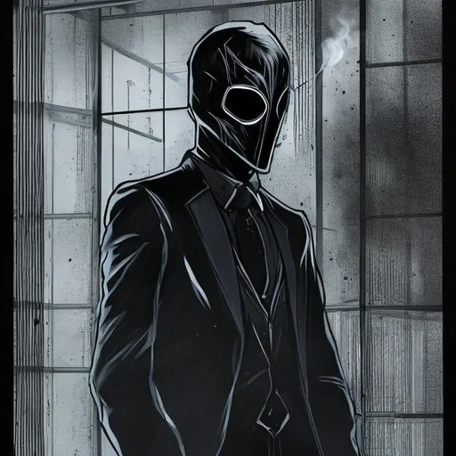Prompt: I don't need it. a young man, crook and thieve in black suit with mask on his faces and smoked glass. 2D.