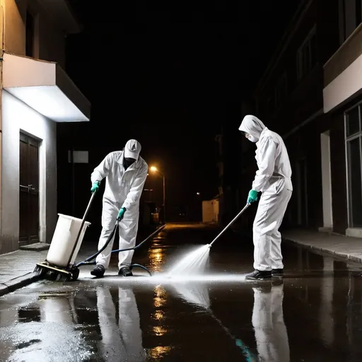 Prompt: Two cleaners in white are washing the street in the dark of the night.