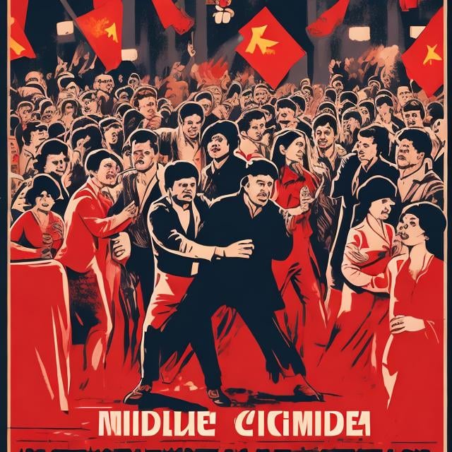 Prompt: Middle-aged communist men drink vodka at a crowded party and dance. 2d poster. 