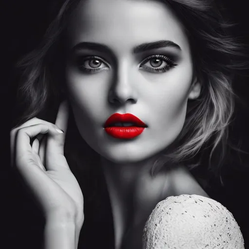 Prompt: Attractive European woman's face, black and white portrait, bright red lips, 45-degree angle, high contrast, detailed facial features, professional photography, black background, high resolution, elegant style, classic beauty, dramatic lighting
