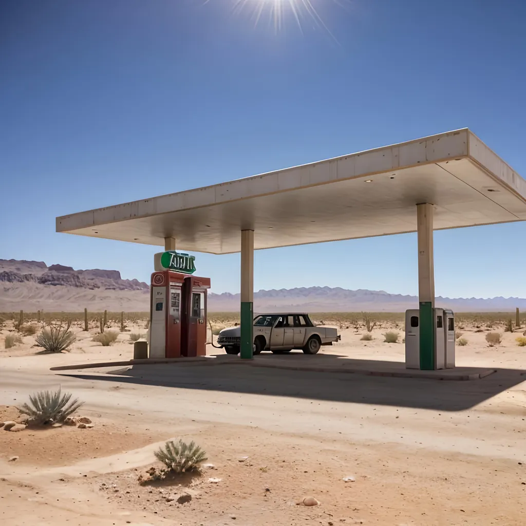 Prompt: 8k, ultra-realistic, UHD, abandoned gas station in the desert, cacti across landscape, desert scene, sun shining down