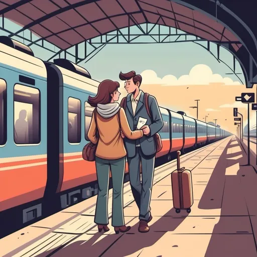 Prompt: couples are separating from railway station cartoon