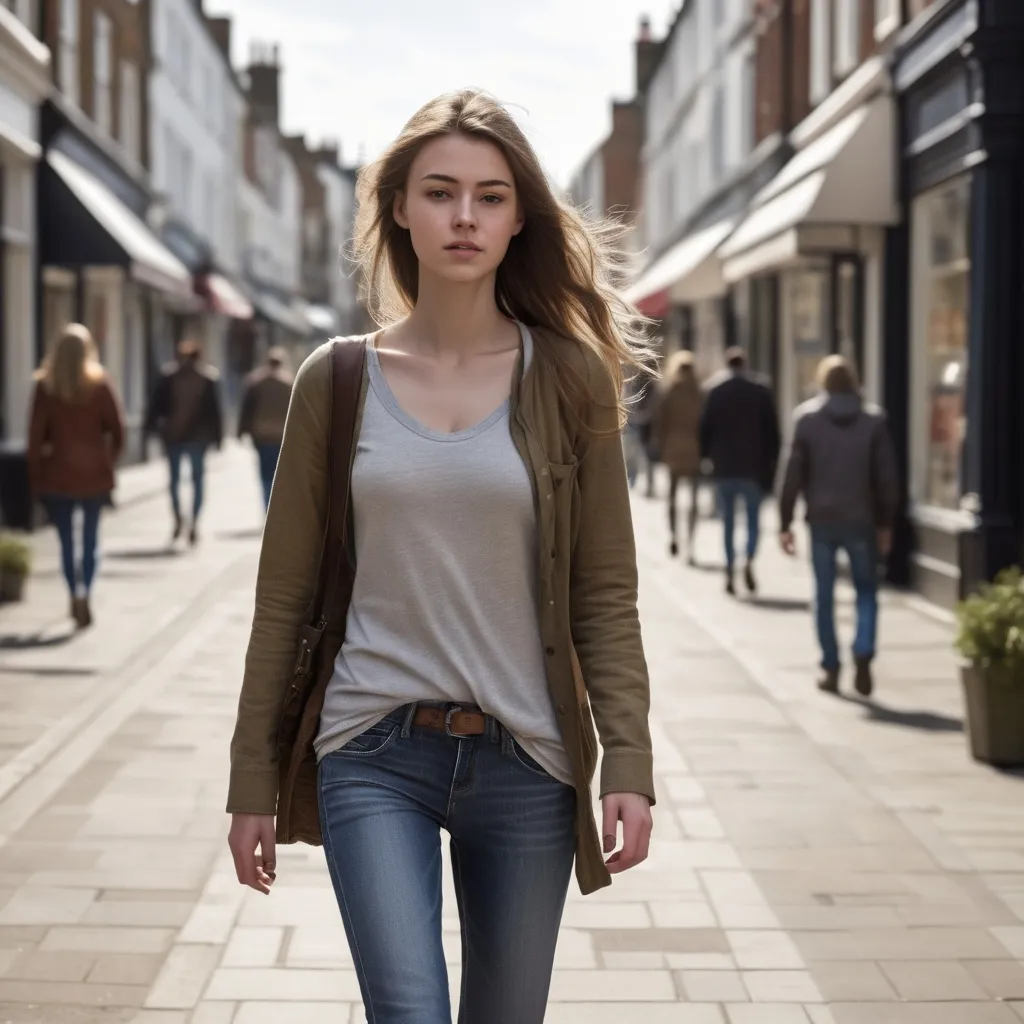 Prompt: Tall young woman walking down the high street, detailed clothing, realistic, natural lighting