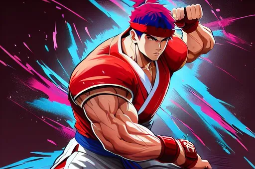 Prompt: illustration of Ryu from Street Fighter 6, vibrant and dynamic action pose, fierce and confident stance, high quality, ultra-detailed, dynamic lighting, bold colors, action-packed, detailed eyes, professional, Street Fighter 6, dynamic pose, confident expression, detailed anatomy, highres