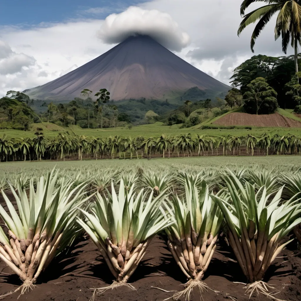 Prompt: agricultura regenerativa de Yuca en la zona norte de Costa Rica con el volcan arenal de fondo