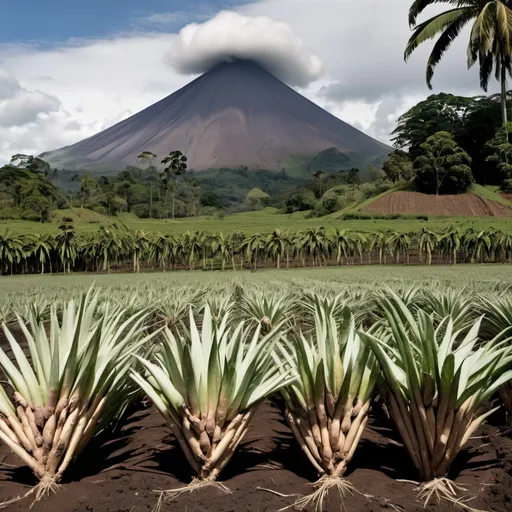 Prompt: agricultura regenerativa de Yuca en la zona norte de Costa Rica con el volcan arenal de fondo