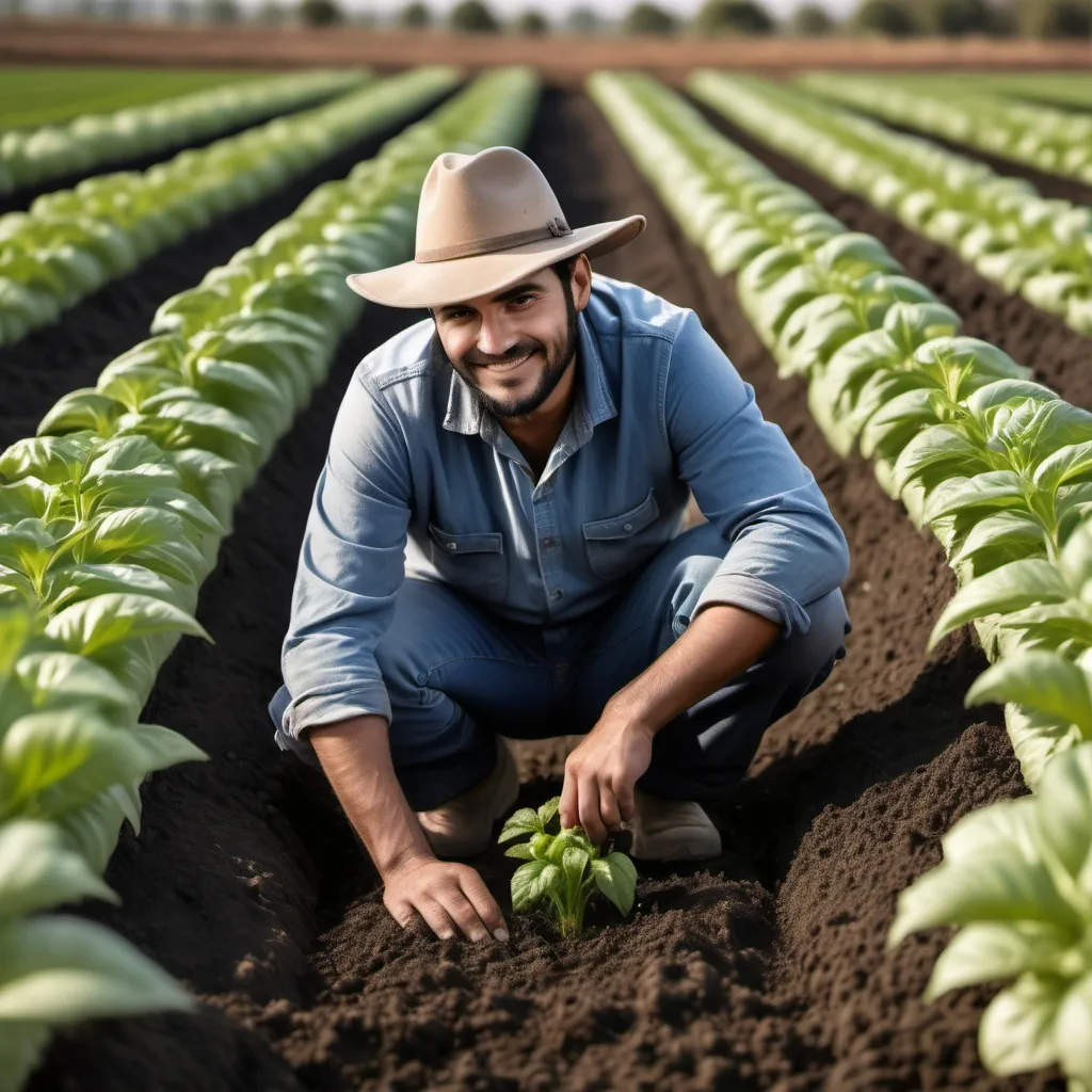 Prompt: hombre cultivando hortalizas en un suelo sano libre de quimicos