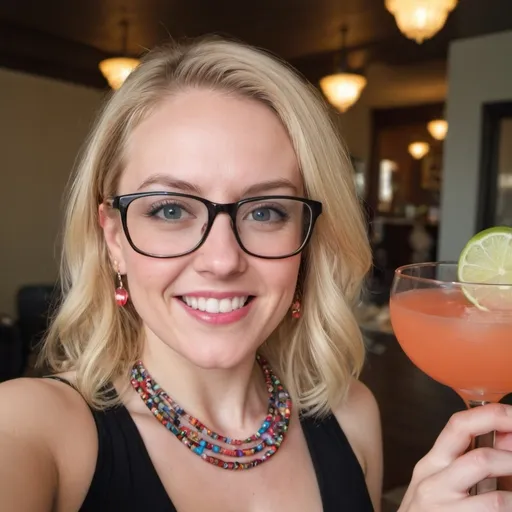 Prompt: Selfie of a Blonde 30 year old woman with fun glasses and a cocktail, wearing a beaded necklace 