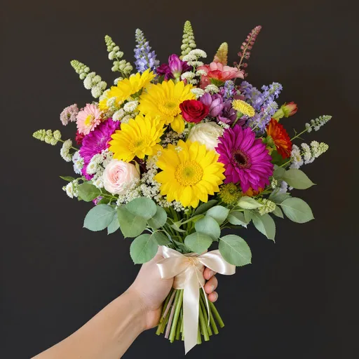 Prompt: a bouquet of different bright flowers in hand

