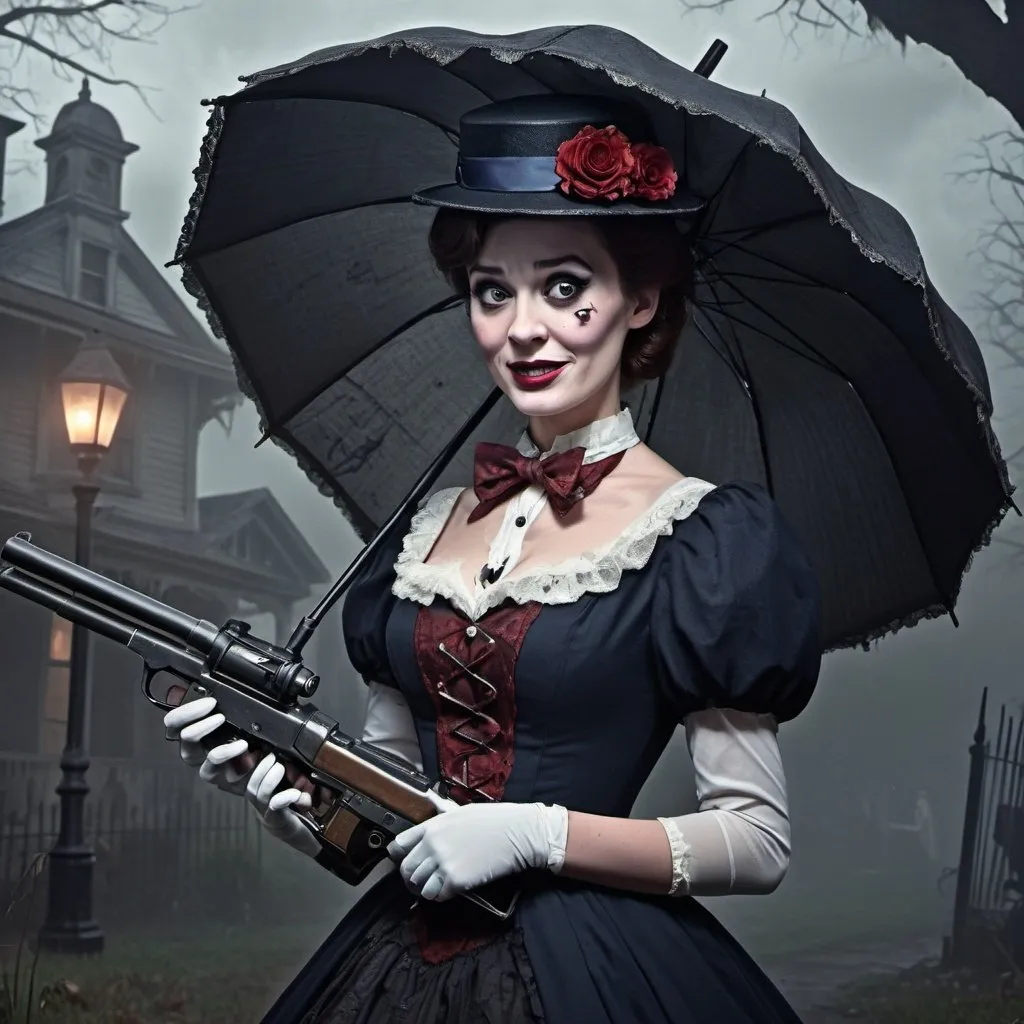 Prompt: Zombified Mary Poppins, eerie Victorian setting, tattered dress, decaying parasol, haunting undead gaze, foggy atmosphere, spooky, high quality, detailed decay, gothic horror, vintage, dark and gloomy, haunting lighting, emoji, cartoon machine gun, shooting gun, menacing smile


