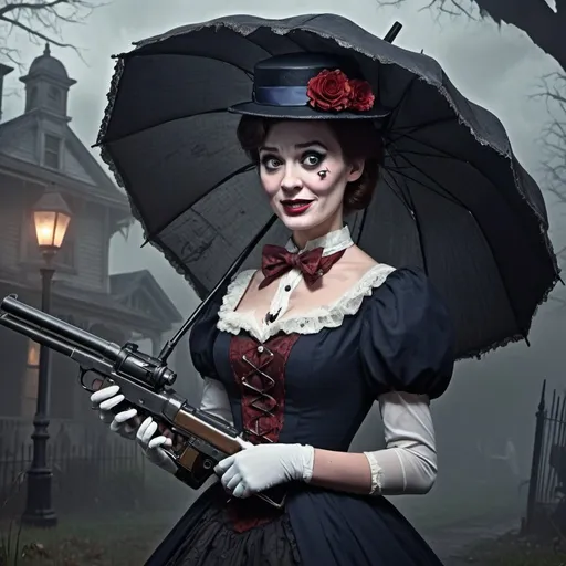 Prompt: Zombified Mary Poppins, eerie Victorian setting, tattered dress, decaying parasol, haunting undead gaze, foggy atmosphere, spooky, high quality, detailed decay, gothic horror, vintage, dark and gloomy, haunting lighting, emoji, cartoon machine gun, shooting gun, menacing smile


