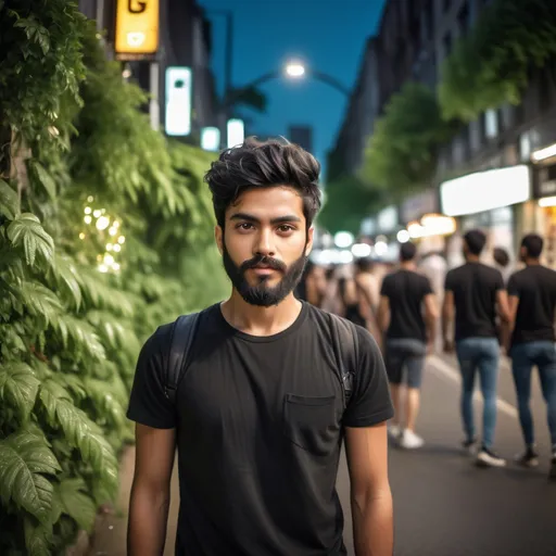 Prompt: Standing amidst lush greenery, a young man captures a selfie, showcasing his stylish, tousled black hair and a well-groomed beard, while wearing a black t-shirt with bold text. His expression is relaxed yet confident, and he stands against a backdrop of a busy street, hinting at the energy of the urban setting. The scene is illuminated by soft, natural light, suggesting it's either early morning or late afternoon, with reflections on nearby puddles adding depth to the environment. Behind him, a mix of vehicles, including an auto-rickshaw, underscores the liveliness of the street while framing his casual moment. The overall mood is one of ease and casual charm, inviting viewers into his world.