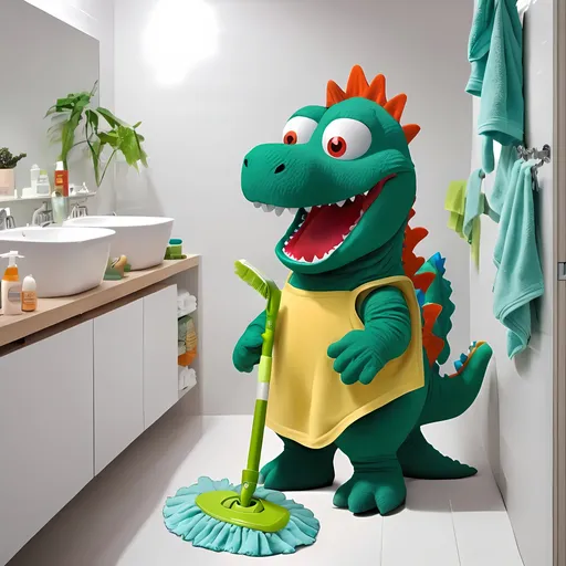 Prompt: Friendly Dinosaur Godzilla Green Bathroom Mop