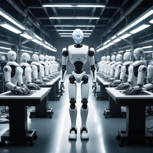 Prompt: A futuristic, high-tech assembly line, where ground giant Atomatic machines are creating humanoid robots. The machines are numbered, with a band playing in the background. The process is methodical, with each robot being constructed step by step. The left leg is assembled first, followed by the right leg, the body, and then the left and right arms. The head is the final touch. The machines emit minimal vapor, and a minimal vapor shoots out of the machines. The background shows hundreds of ready humanoid robots, with the night sky illuminated by stars and a neon white high-tech Japanese-style city. The atmosphere is a mix of futuristic and industrial, with holographic elements and an 8K realistic photo quality.