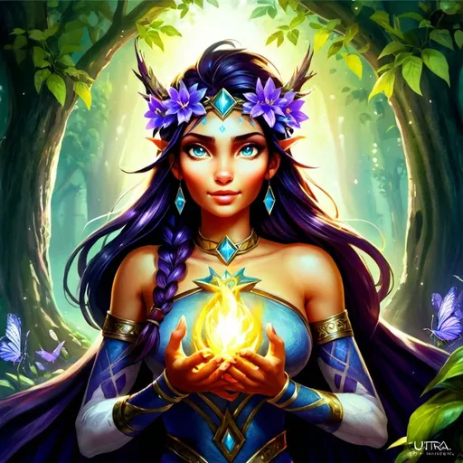 Prompt: (Firbold sorcerer), enchanting figure adorned with a vibrant flower wreath, surrounded by a magical forest, lush greenery, dappled sunlight filtering through the trees, mystical atmosphere, warm and inviting colors, ultra-detailed rendering, ethereal glow, captivating expressions, spells of nature weaving through the air, magical aura enveloping the sorcerer, enchanting and mystical ambiance, serene environment.