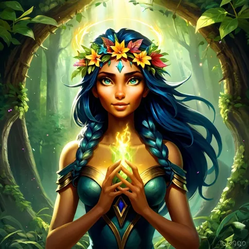 Prompt: (Firbold sorcerer), enchanting figure adorned with a vibrant flower wreath, surrounded by a magical forest, lush greenery, dappled sunlight filtering through the trees, mystical atmosphere, warm and inviting colors, ultra-detailed rendering, ethereal glow, captivating expressions, spells of nature weaving through the air, magical aura enveloping the sorcerer, enchanting and mystical ambiance, serene environment.