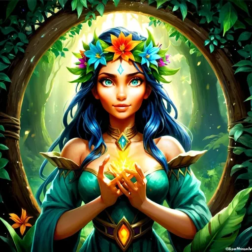 Prompt: (Firbold sorcerer), enchanting figure adorned with a vibrant flower wreath, surrounded by a magical forest, lush greenery, dappled sunlight filtering through the trees, mystical atmosphere, warm and inviting colors, ultra-detailed rendering, ethereal glow, captivating expressions, spells of nature weaving through the air, magical aura enveloping the sorcerer, enchanting and mystical ambiance, serene environment.