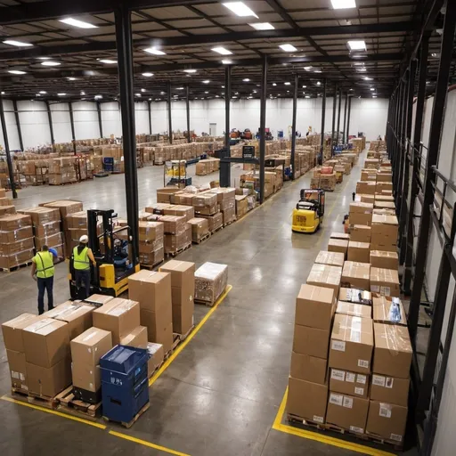 Prompt: RBP warehouse bustling with activity , RBP is a new upcoming shipping company