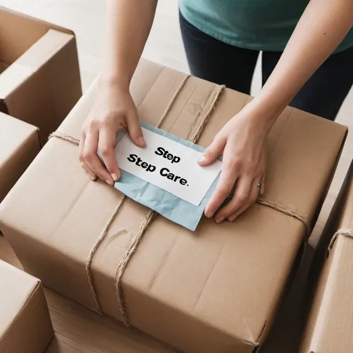 Prompt: Ai generated image of hands packing up items with care. Text overlay: “Step 1: Pack with care”